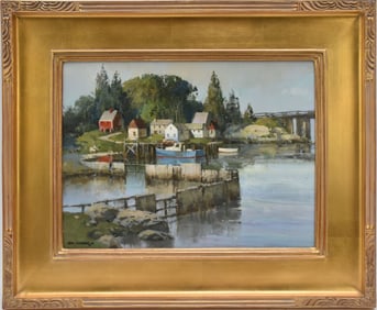 Thomas Nicholas NA (American b. 1934) oil on board, Harbor Scene- Beyond Beals Island - Maine.
