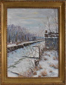 Christopher Willett, oil on canvas- "bootleggers" Winter River Scene, 30 x 24 inches, overall framed (1 of 9)