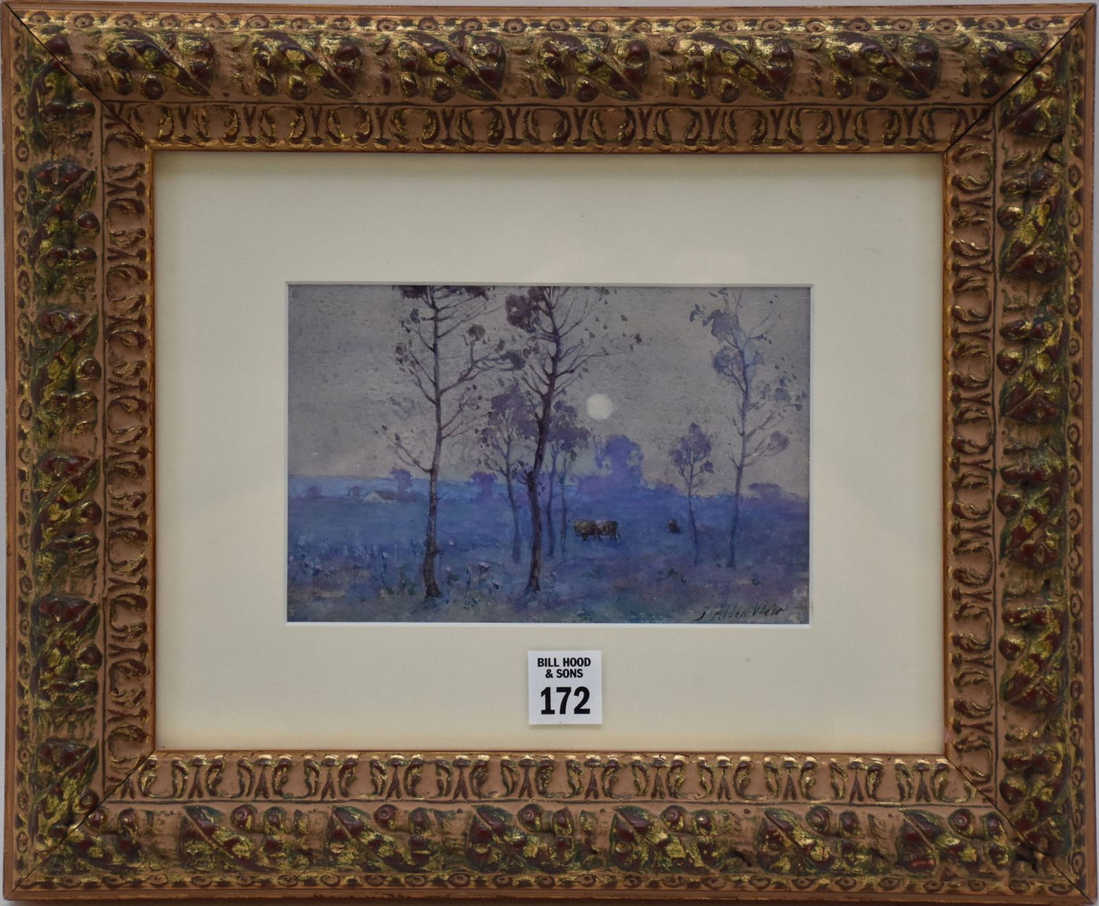 J. Alden Weir (American 1852 - 1919) watercolor landscape trees with a cow in a field the moon going (1 of 6)