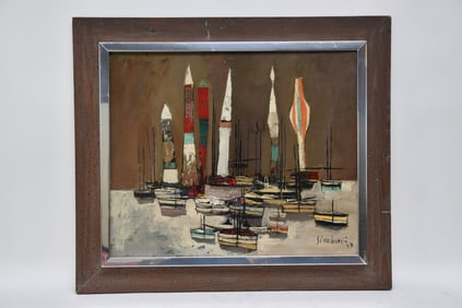 Nicola Simbari (Italy 1927 - 2012) oil on canvas, Modernist Sailboats - 57. signed and dated,