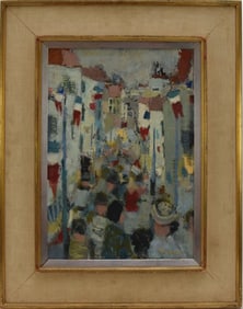 Nicola Simbari (Italy 1927 - 2012) oil on canvas, Street Scene- Depicting a Celebration with Many