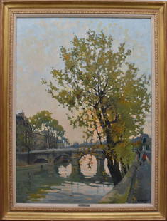 Constantin Kluge (French 1912 - 2003) Large oil on canvas, "Le Pont Neuf". Paris Scene -Bridge over: Constantin Kluge (French 1912 - 2003) Large oil on canvas, "Le Pont Neuf". Paris Scene -Bridge over the Seine River. Wally Findlay NY Gallery Label and inventory on reverse. 46 x 35 inches. 53-1/2 x 4