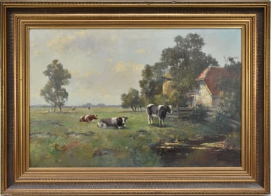 European School, Cows in a landscape by a cottage, oil on canvas, signed illegibly lower right. 20 x