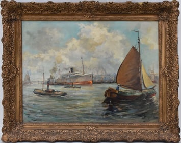 Evert Moll (Dutch 1878 - 1955) oil on canvas, Port of Rotterdam, ship offshore and sailboat, sign