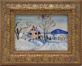 Walter E. Baum (1884-1956, Pennsylvania) small oil on artist board, Winter landscape- After the