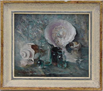 Arthur Meltzer (1893 to 1989 Bucks County) oil on canvas- iridescent shell ptng. 12 x 14 inches,: Arthur Meltzer (1893 to 1989 Bucks County) oil on canvas- iridescent shell ptng. 12 x 14 inches, signed lower left. original Meltzer frame. Overall size 17 x 19 inches