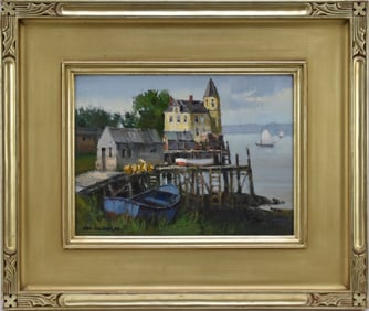 Thomas Nicholas NA. (American b. 1934) oil on canvas "The Cove at Beals Island Maine" Dock at low