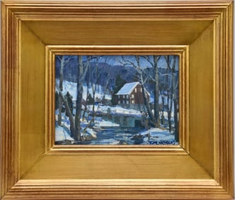 TM Nicholas (b. 1963) oil on board, Winters Night Scene. 6 x 8 inches, overall frame size 11-1/2 x