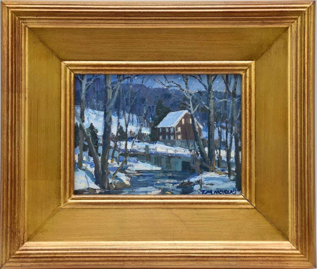 TM Nicholas (b. 1963) oil on board, Winters Night Scene. 6 x 8 inches, overall frame size 11-1/2 x (1 of 4)