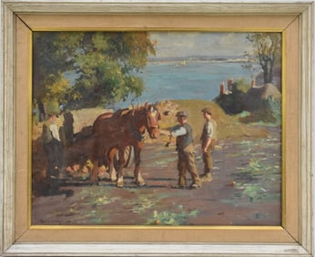 Harold Harvey (English 1874 - 1941) oil on canvas, "The Quayside" Horse and Men by water. 14 x 18
