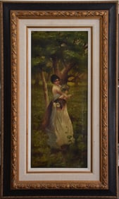 19th Century German school signed Bach, oil on canvas, young girl picking flowers, 32 x 13-1/2