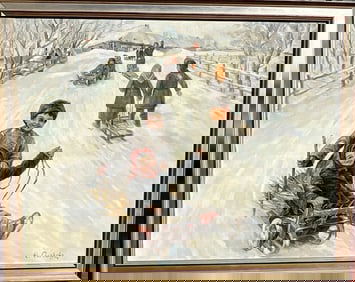 Russian Painting Attributed to: Fedor Sychkov Winter Fun, Children sledding, oil on canvas, 28 x 36