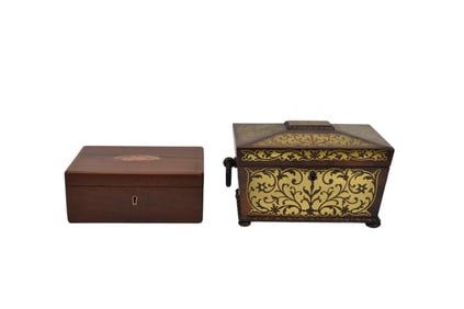 2 Fine Antique Boxes (1) Boulle Tea Caddy and (1) with Shell Inlay on Top