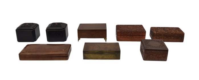 8 Asst. Vintage Jewelry Type Boxes, Some Carved, Leather, Brass, and Wood