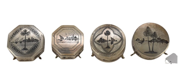 4 Iraqi Sterling 925 Footed Trinket Boxes each with Niello Design, 1 Marked 1946, 17 TOZ