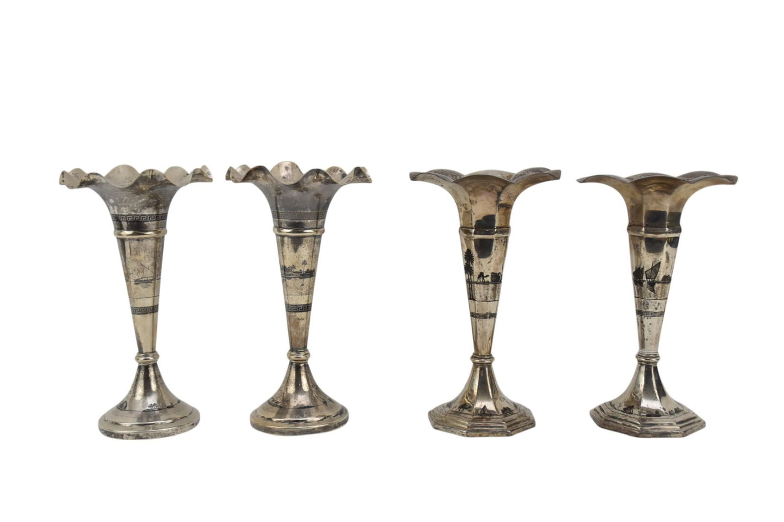 2 Pairs Iraqi Sterling Vases with Fluted Rims Assorted Designs, 7 1/2"h   6 TOZ (1 of 14)