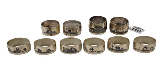 10 Iraqi Assorted Sterling Napkin Rings, with Assorted Niello Designs, 8 ozt