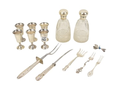 Sterling Silver Lot. 2 Scent Bottle with Sterling Lids, 6 Cordials, 6 Salt spoons, Carving Knife &