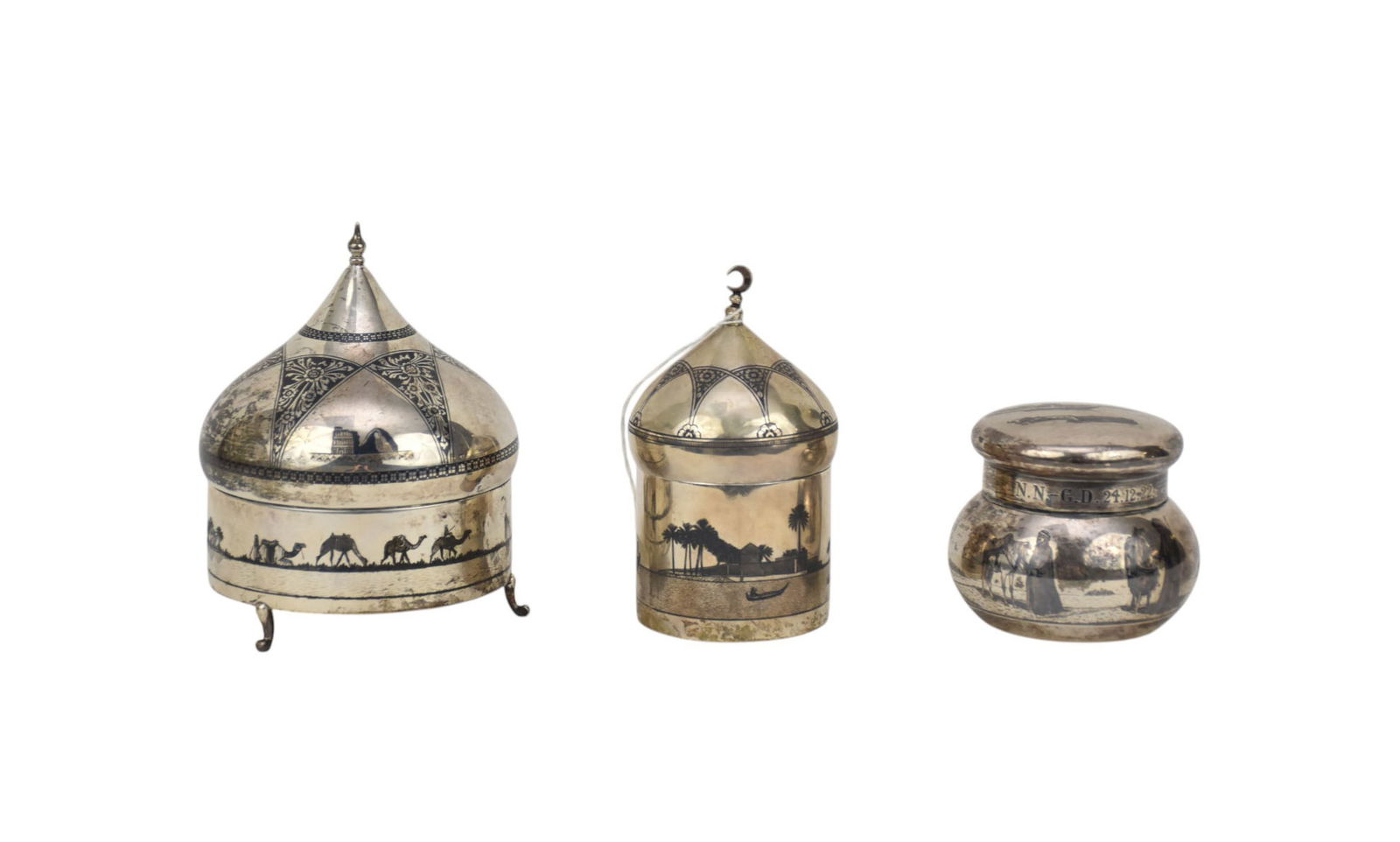 3 Iraqi Sterling 925 Dresser Boxes each with Niello Design, Camels, boats and desert scenes tallest (1 of 16)