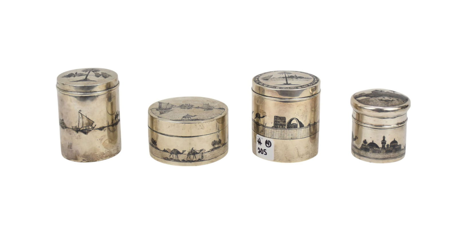 4 Iraqi silver dresser boxes with Niello Design, Camels, boats, palm trees and desert scenes tallest (1 of 14)