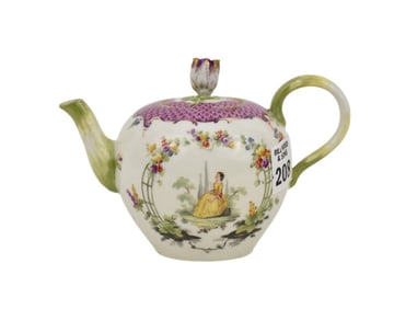 Miniature Porcelain Teapot Hand painted Design, Cross Sword Marks, Finial Has Been Glued, 5"h x 6"w