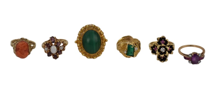 6 - 14K Yellow Gold Rings. Size 6.75 - 7.25 wt. 33 grams. Malachite, Ruby, Opal, emerald and diamond