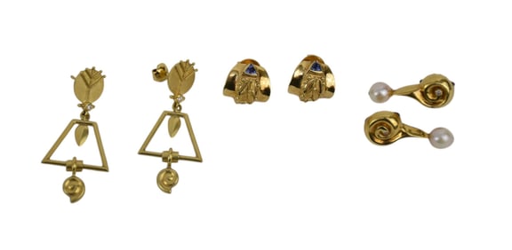 3 Pairs of 18K Yellow Gold Earring Lot. Wt. 24.7 grams Length .5" - 1.5". Snake with sapphire,