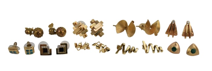 8 Pairs of 14K Yellow Gold Earrings. Studs to drop earrings. Jade, Pearls and Malachite. ..25