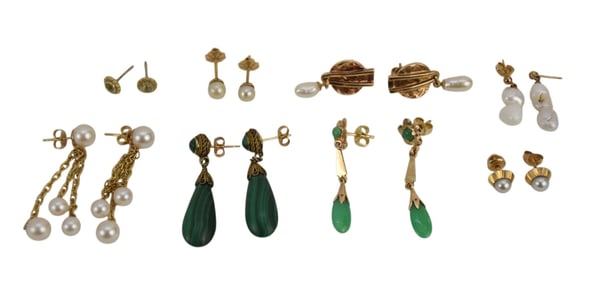 9 Pairs of 14K yellow Gold Earrings. .25" - 1" turquoise, onyx with diamond accents and malachite.