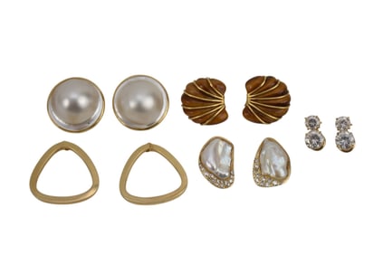 5 Pairs of 14K Yellow Gold Earring. .5" - 1.25" Tiger Eye, CZ, Fresh Water & Mabe Pearls. Wt. 53.4