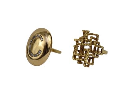 2 - 18K Yellow Gold Rings. Textured Abstract Ring Size 7.5 and Initial C in Baguette diamond Ring