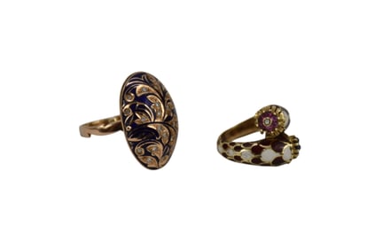 2 14K Yellow Gold Enamel Rings. Ruby & Sapphire Enamel Ring size 6.5 and Poison Enamel Ring size