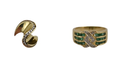 2 - 14K Yellow Gold Diamond Rings. Diamond and Emeralds ring size 8.25 and Swirl diamond ring size