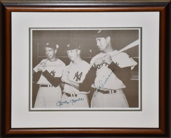 Autographed Sepia picture by New York Yankees Mickey Mantle, Joe DiMaggio, and Red Sox Ted Williams