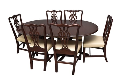 Mahogany Dining Table with Rope Edge, Carved Leaf Pedestal with 3 Downswept Legs (one leg repaired)