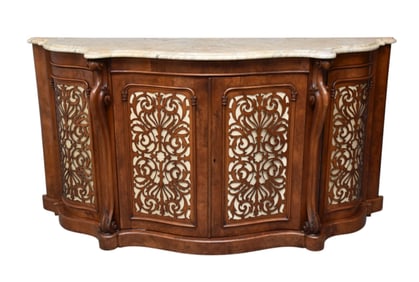 Victorian Regency Sideboard, Rosewood, Serpentine Form, 2 Center Carved Wood Doors Flanked by