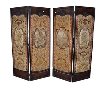 4 Panel Mahogany Screen, Carved Shell Motif at Top, with 2 Needlepoint Romantic Peasant Scenes on