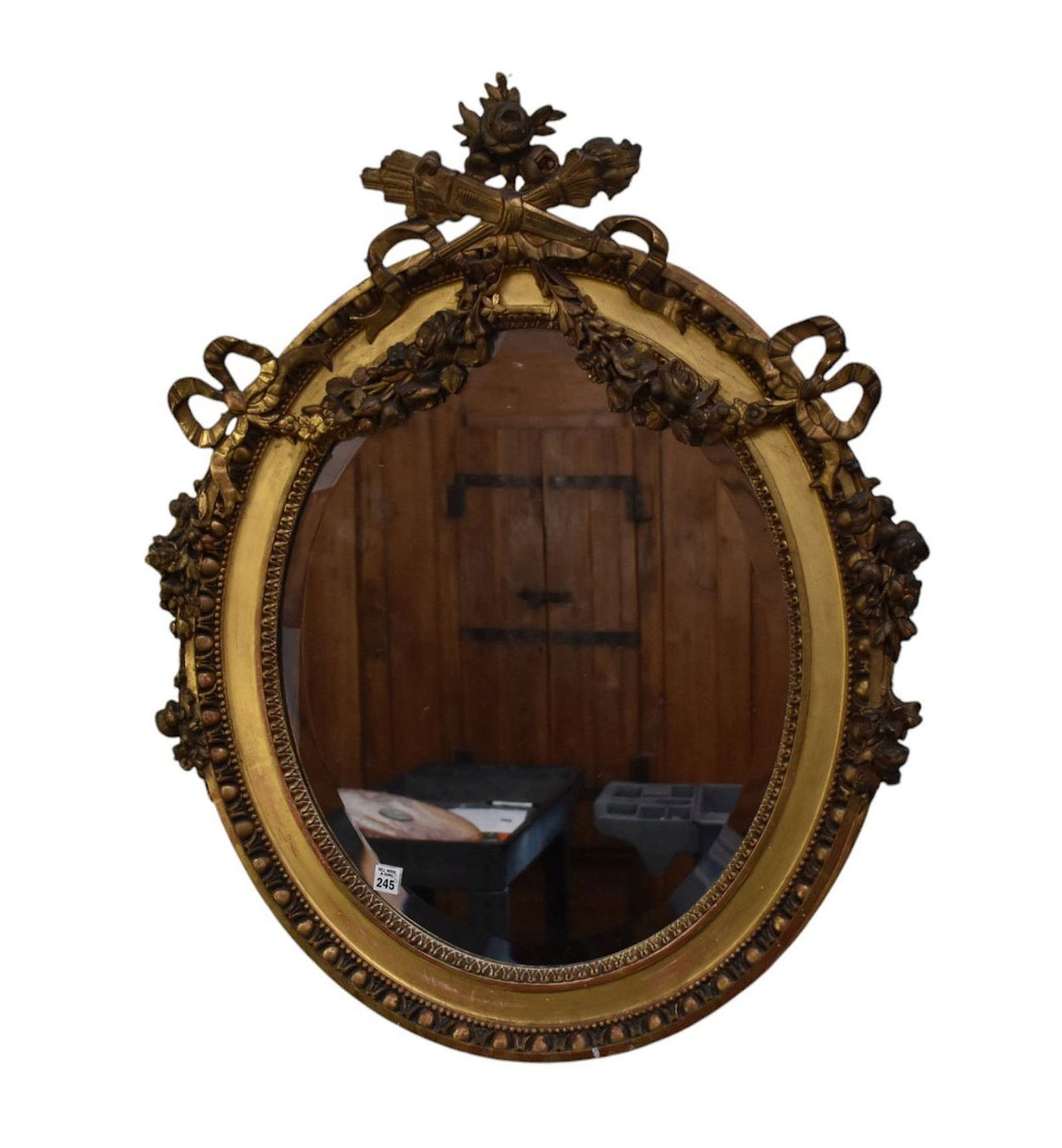 Oval Beveled Mirror with Gilt Carved Trophy Bows and Draping Garland Motif,  36"hx30"w (1 of 5)