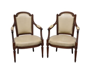 Pr. Worn AS IS Leather Armchairs with Brass Nail Heads, Carved Florals and