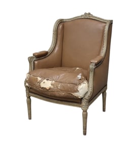Single French Carved Arm Chair, with Very Worn Leather Upholstery