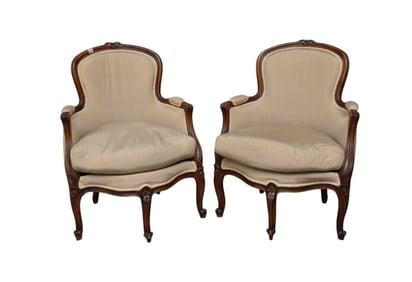 Pr. French Bergere Tan Silk Upholstery, Carved Walnut Frames, Shaped Front with 3 Carved