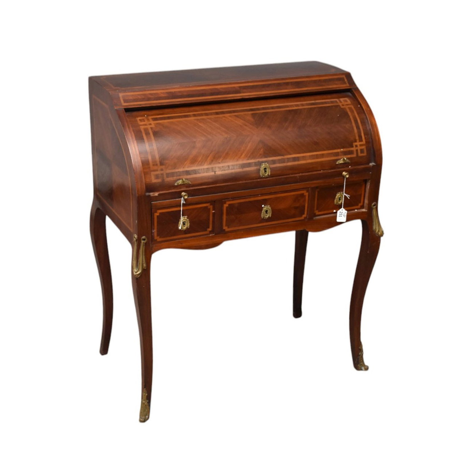 Mahogany Cylinder Front Inlay Ladies Writing Desk, Gilt Metal Mounts, 39"h x 32"w (needs some (1 of 6)