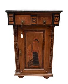 Inlay Side Table, Black Marble Top Over Drawers and Door, 32"h x 21"w x 15