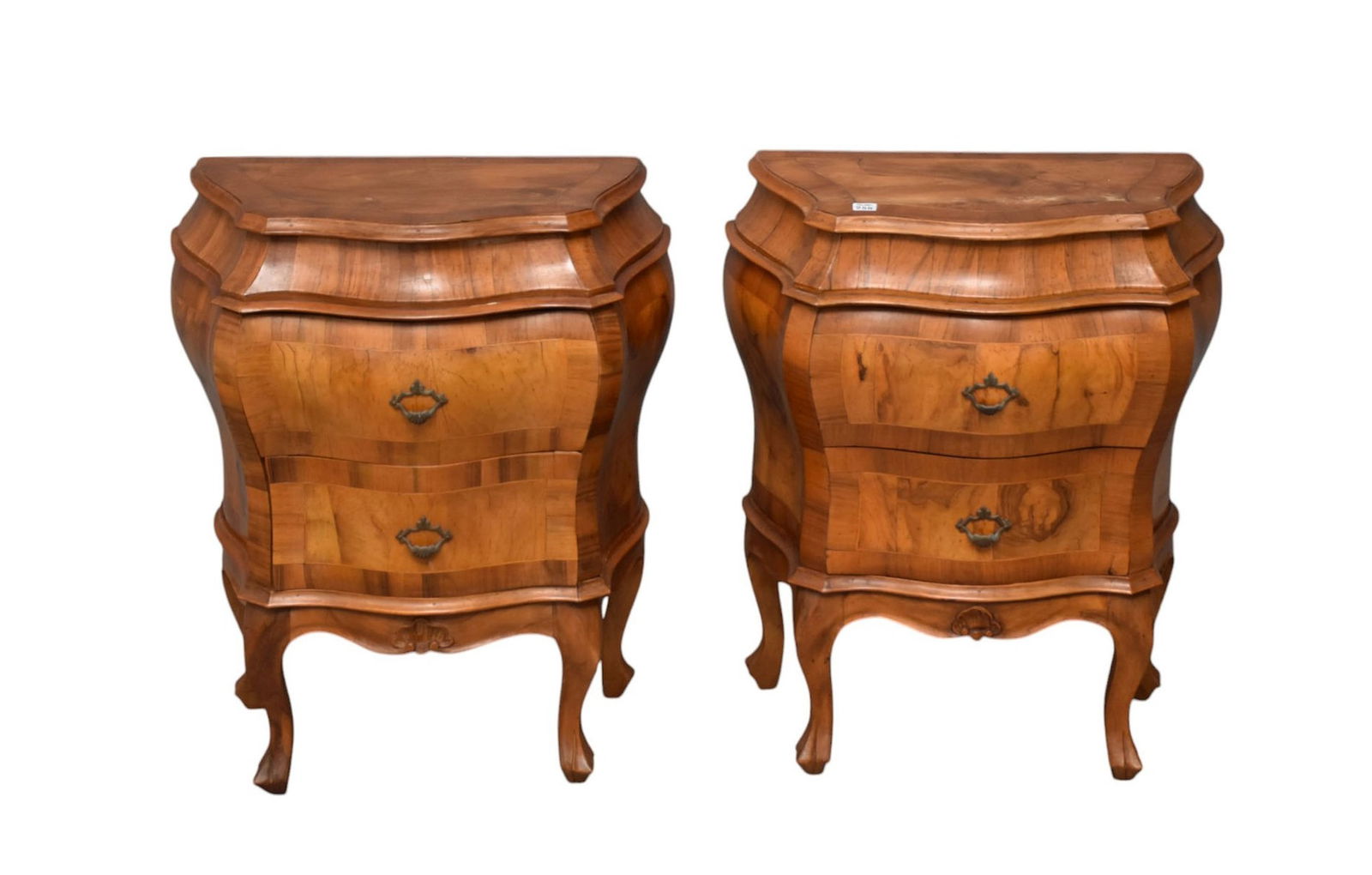 Pair Italian Burled Wood Bombay 2 Drawer Side Tables, Paper Label, 28"h x 24"w x 14"d (cracks on (1 of 6)