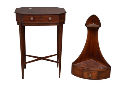 Single Drawer Pine Stand (28"h x 20"w x 14"d) (needs restoring) AND Unusual Antique Corner Hanging