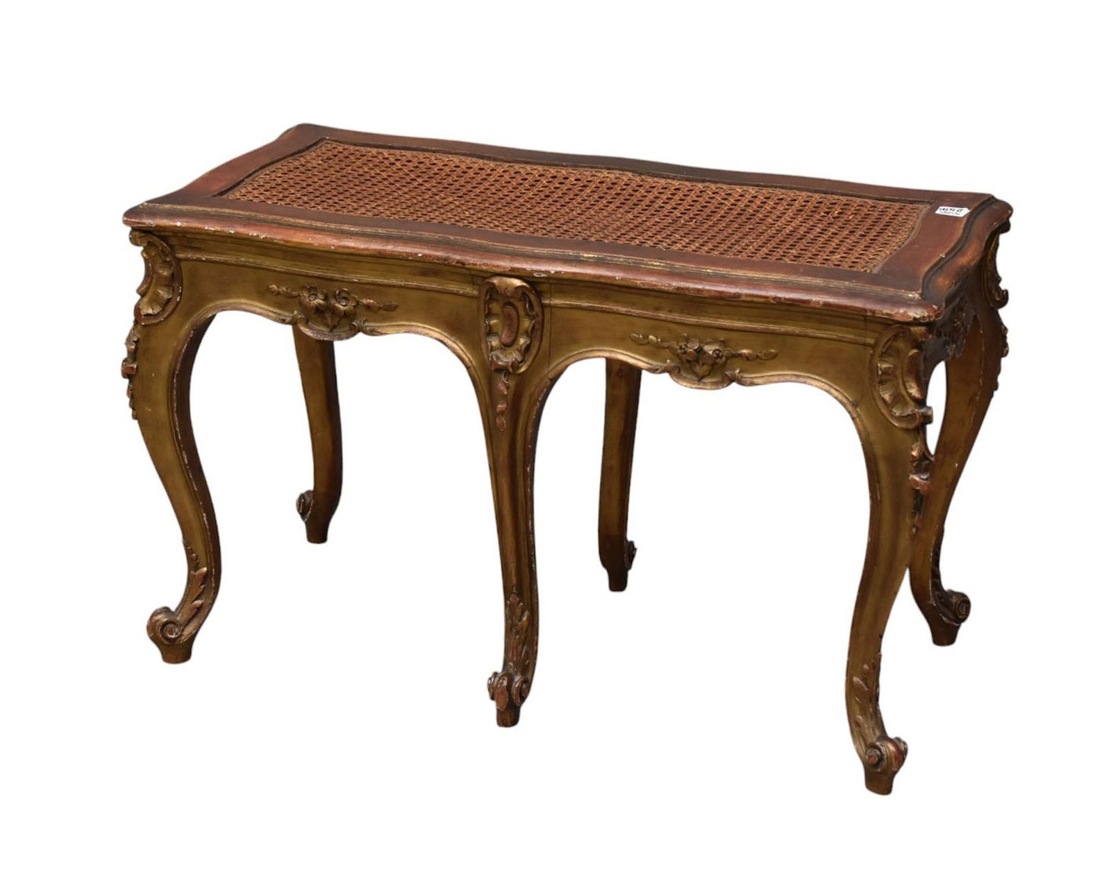 French Gilded Caned Bench with 6 legs, 19"h x 29"w x 15"d: French Gilded Caned Bench with 6 legs, 19"h x 29"w x 15"d