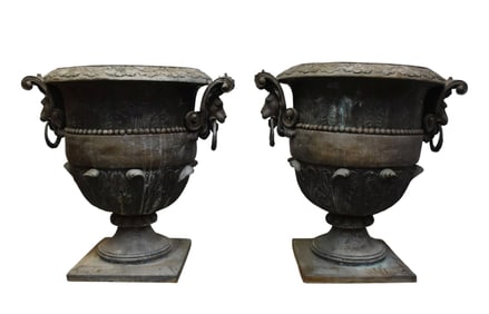 Pr. Bronze Oversized Classical Motif Garden Urns. 40"h x 27"w Very
