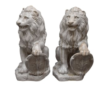 Pr. Pottery Garden Seated Lions, Crazed Glazed Finish. 31"h