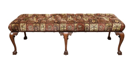 6 Leg Mahogany Frame Bench Chippendale Feet, with Tufted Velvet