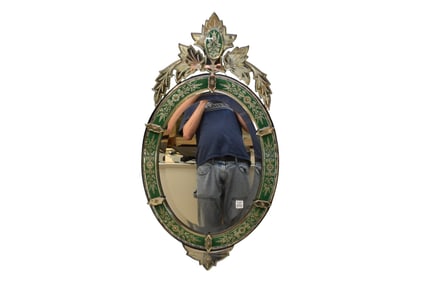 Venetian mirror with Green accent border Stamped on back Made in France M.R & Co. Paris 37" high x